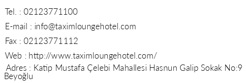 Taxim Lounge Hotel telefon numaralar, faks, e-mail, posta adresi ve iletiim bilgileri